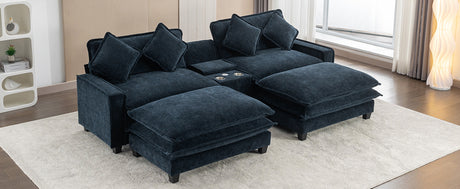 Contemporary Chenille Upholstered Sectional Sofa with Ottomans, USB Ports, Cup Holders & Storage, Blue - sold by Home Elegance USA