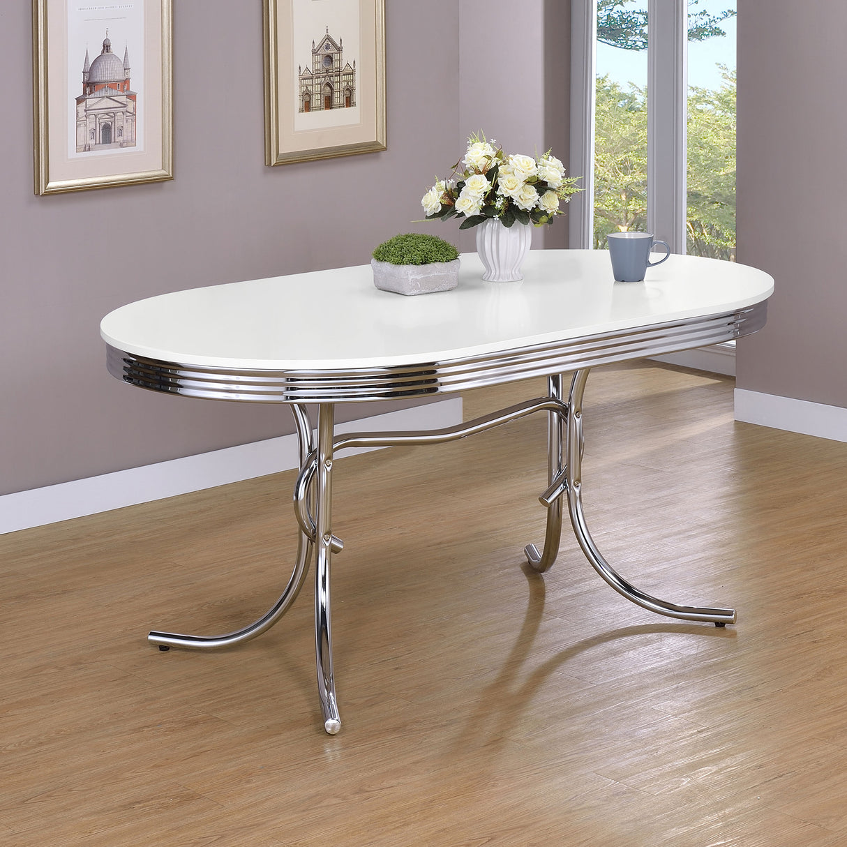 Dining Table - Retro Oval Dining Table Glossy White and Chrome