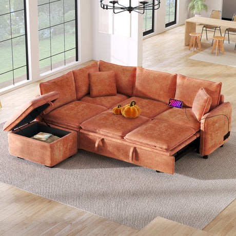 Convertible L-shaped Sofa Bed with Storage Ottoman, Power Sockets & USB Ports, Orange Chenille, 82.67' - sold by Home Elegance USA