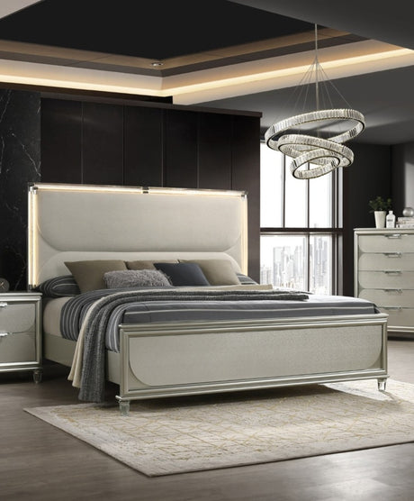 Glamorous Luxury Silver Fabric Upholstered Queen Size Bed w LED 2x Nightstands Embossed Panel 3pc Set Bedroom Furniture - sold by Home Elegance USA