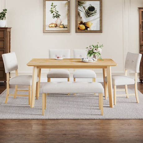 6 Piece Dining Room Table Set, Rustic Farmhouse Dining Room Rectangular Table with 4 Upholstered Chairs and Bench, Solid Wood Kitchen Dining Table Set for 6 Persons (Easy Assembly, Natural Wood Wash) - sold by Home Elegance USA