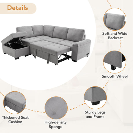 Sleeper Sectional Sofa, L-Shape Corner Couch Sofa-Bed with Storage Ottoman & Hidden Arm Storage & USB Charge  for Living Room Apartment, Gray - sold by Home Elegance USA