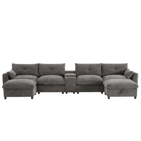 136'' Modular Sectional Sofa with Console, Cup Holder, USB Charger, Movable Storage Ottoman, Pull-line&Tufted Design, U-Shaped Oversized Chenille Sofa for Living Room&Apartment,2 Colors - sold by Home Elegance USA