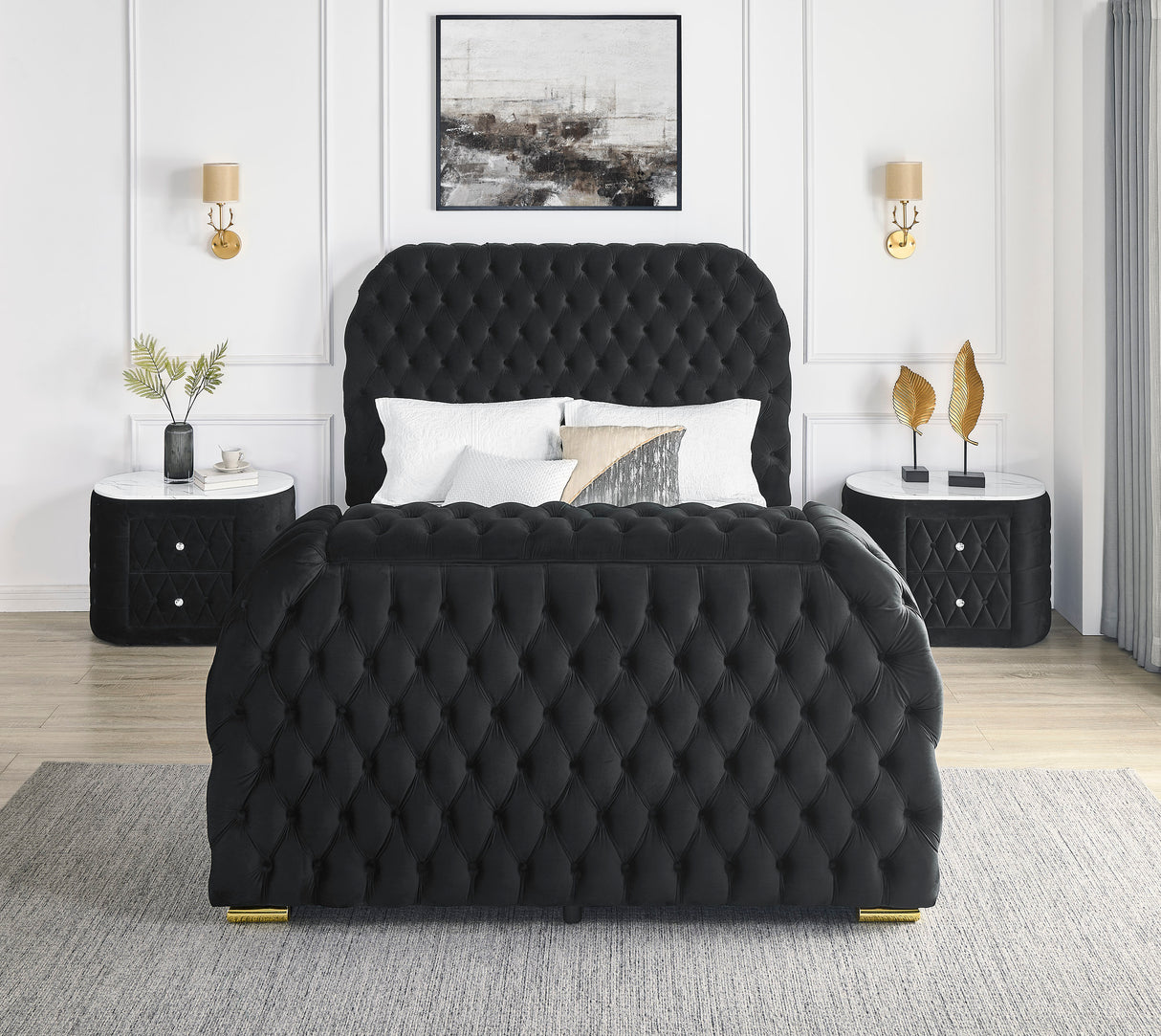 Luxurious King Size 3pc Bed Set Comfort Innovative Design Bed Deeply Tufted Headboard Upholstered Black Velvet Television Lift Built-in Electric Fireplace Bedroom Furniture 1x Bed 2x Nightstands