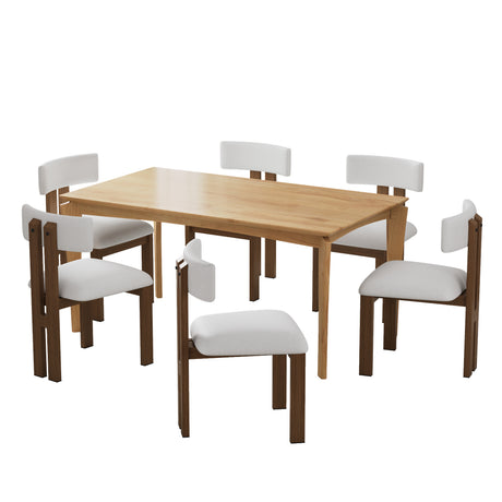 Mid-Century Modern 7-Piece Dining Set with Upholstered Armless Dining Chairs and Natural Wood Table