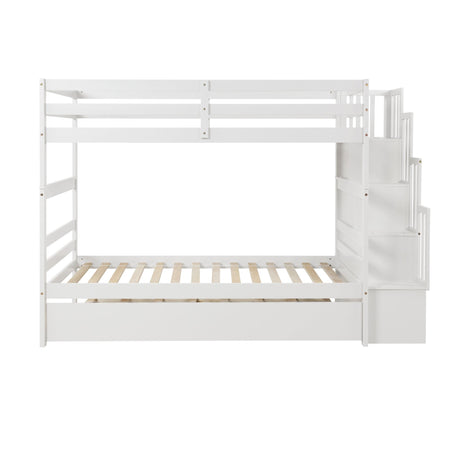 Bunk Beds Twin over Twin Stairway Storage function White color | Home Elegance USA