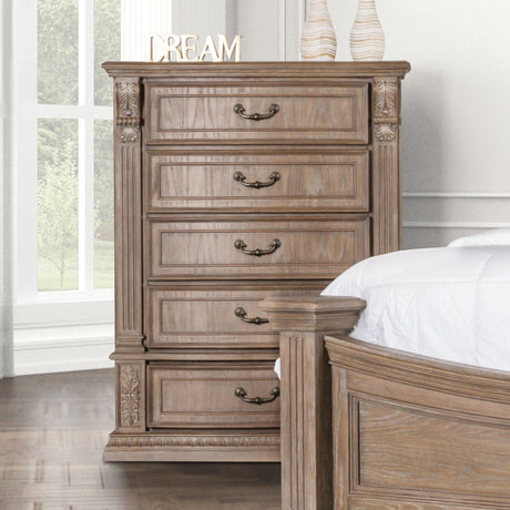 Transitional Style 1pc Chest Weather Oak Finish Dentil Molding Curved Detail Bedroom Furniture