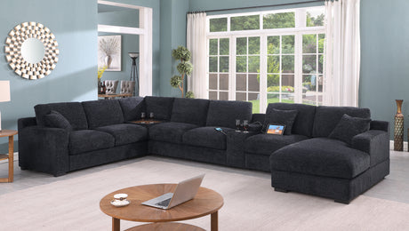Celine 141.5' Dark Gray Chenille Fabric Corner Sectional Sofa with Right-Facing Chaise, Cupholders, and Charging Ports - sold by Home Elegance USA