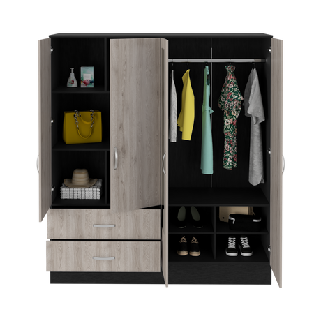 Bolton 160 Armoire, Six Shelves, Two Double Door Cabinets, Two Mirrors, Two Drawers, Rod Black / Light Gray - sold by Home Elegance USA