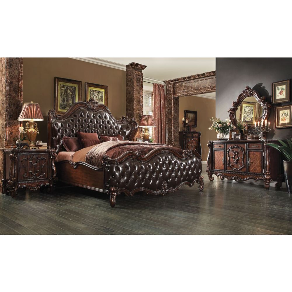 Acme - Versailles CK Bed 21114CK Two Tone Dark Brown Synthetic Leather & Cherry Oak Finish