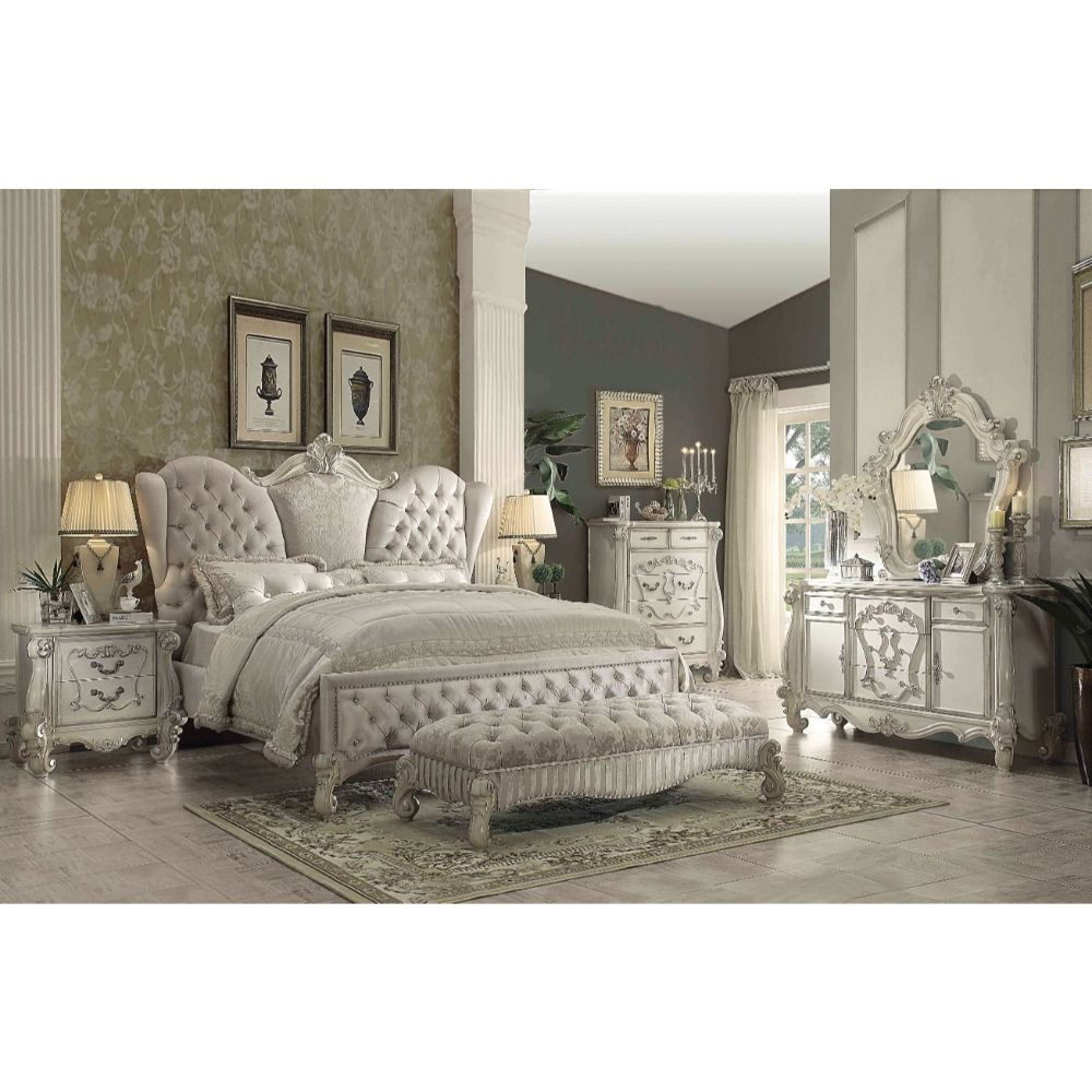 Acme - Versailles EK Bed 21127EK Ivory Velvet & Bone White Finish