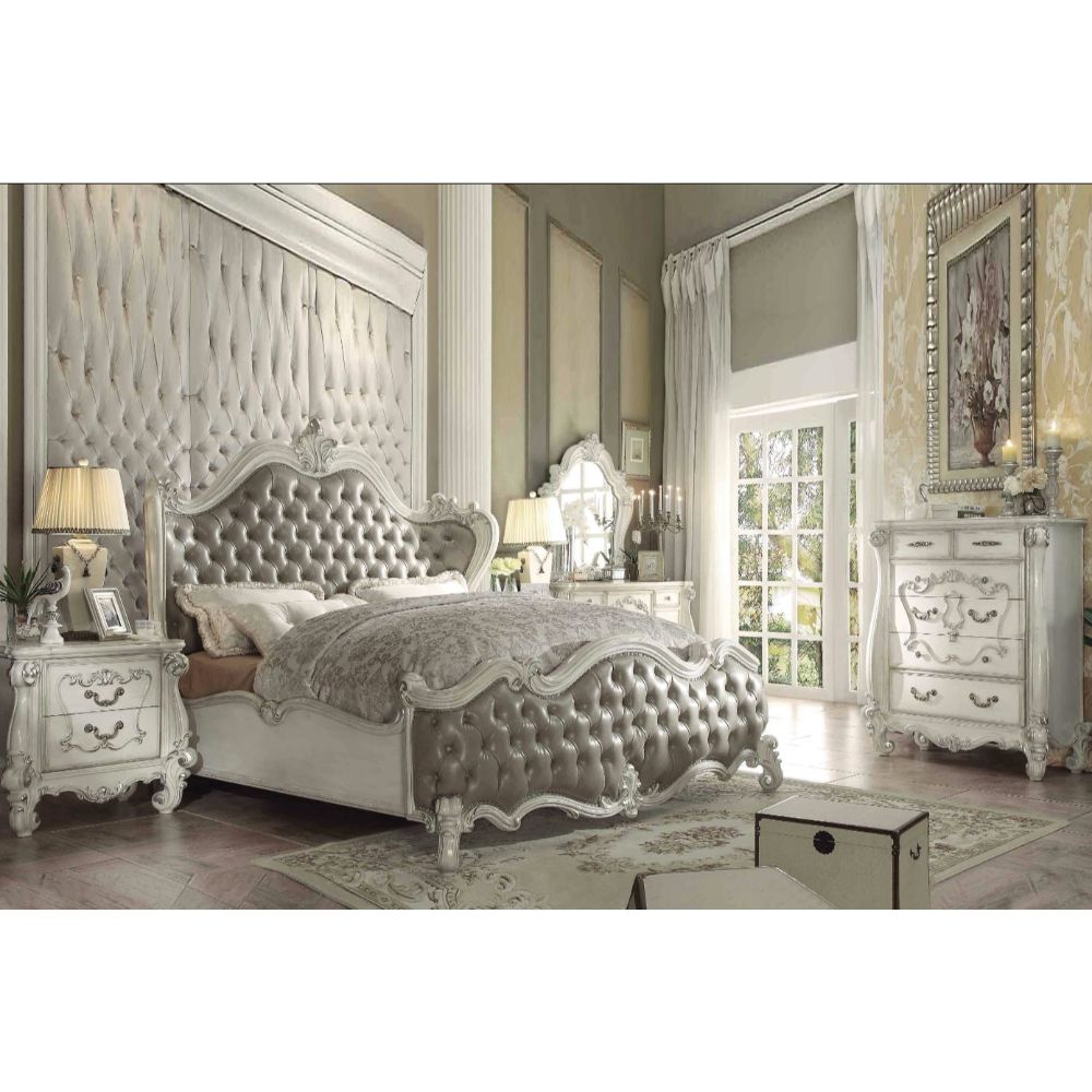 Acme - Versailles CK Bed 21144CK Vintage Gray Synthetic Leather & Bone White Finish