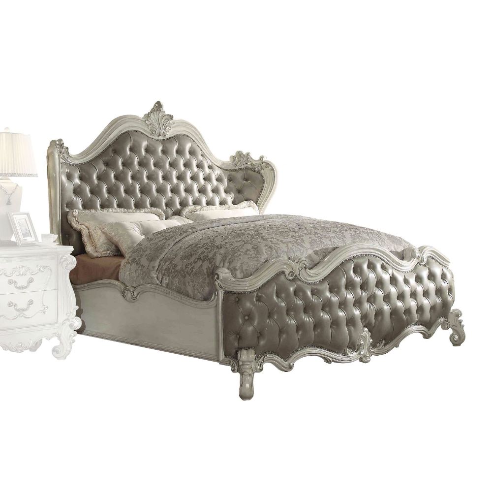 Acme - Versailles CK Bed 21144CK Vintage Gray Synthetic Leather & Bone White Finish