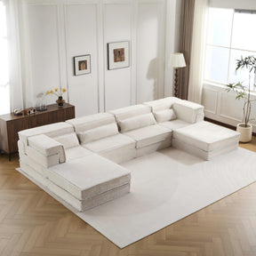 Compression Mahjong Sofa,Convertible Floor Sofa Bed,DIY Boneless Modular Sectional Sofa,No Assembly Required,Circle fleece fabric,Oversized 4 Seater with 2 Ottoman,White - sold by Home Elegance USA
