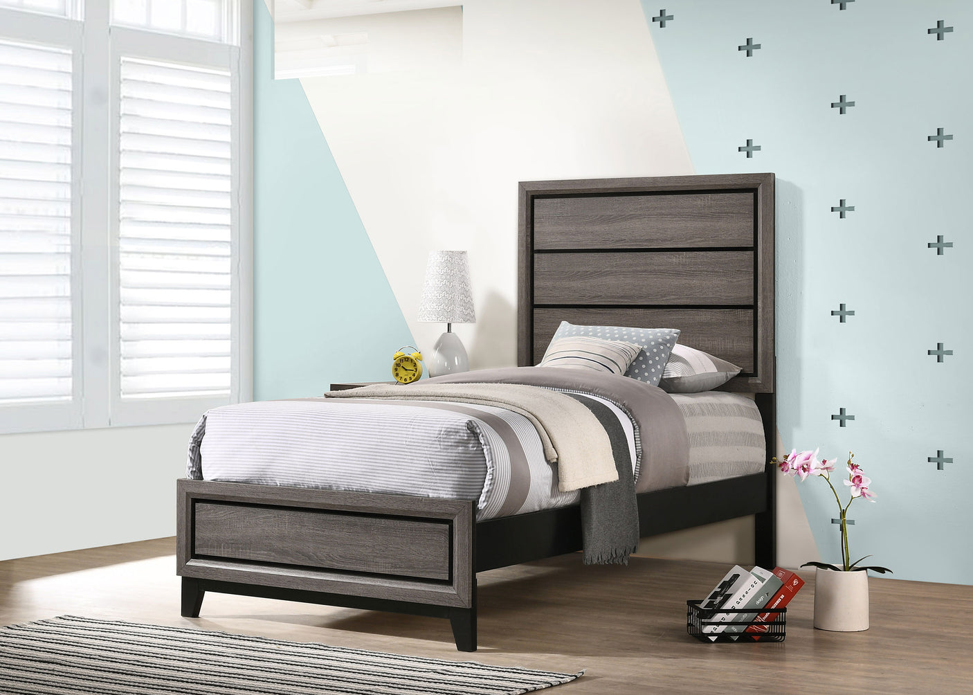 Twin Bed - Watson Wood Twin Panel Bed Grey Oak