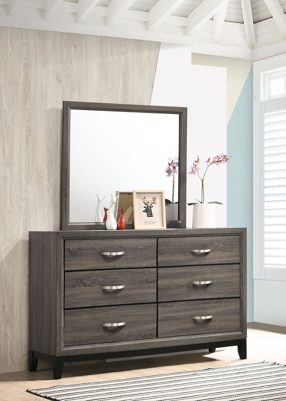 Dresser With Mirror - Watson 6-drawer Dresser with Mirror Grey Oak and Black