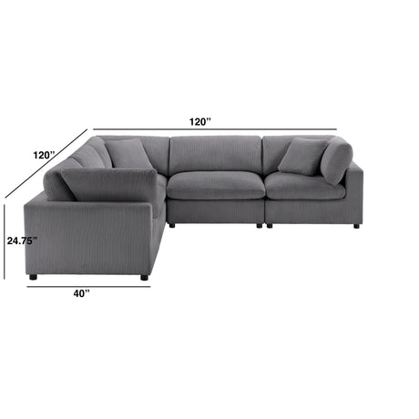 Chelsea Modular 5-Piece Sectional in Charcoal with Plush Polyester Upholstery and Removable Wood Legs - sold by Home Elegance USA