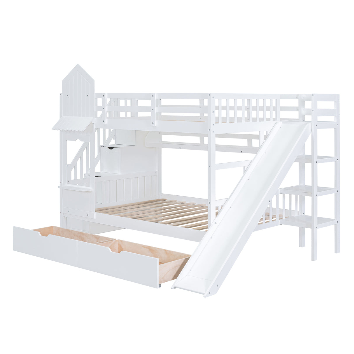 Full-Over-Full Castle Style Bunk Bed with 2 Drawers 3 Shelves and Slide - White - Home Elegance USA