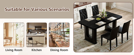 Table and chair set.64.5 x 35.4 Inch Stylish Black Wood Color Textured Dining Table.4-pack black PU dining chairs: ergonomic buckle backrest.Exudes A Strong Sense Of Fashion. - sold by Home Elegance USA