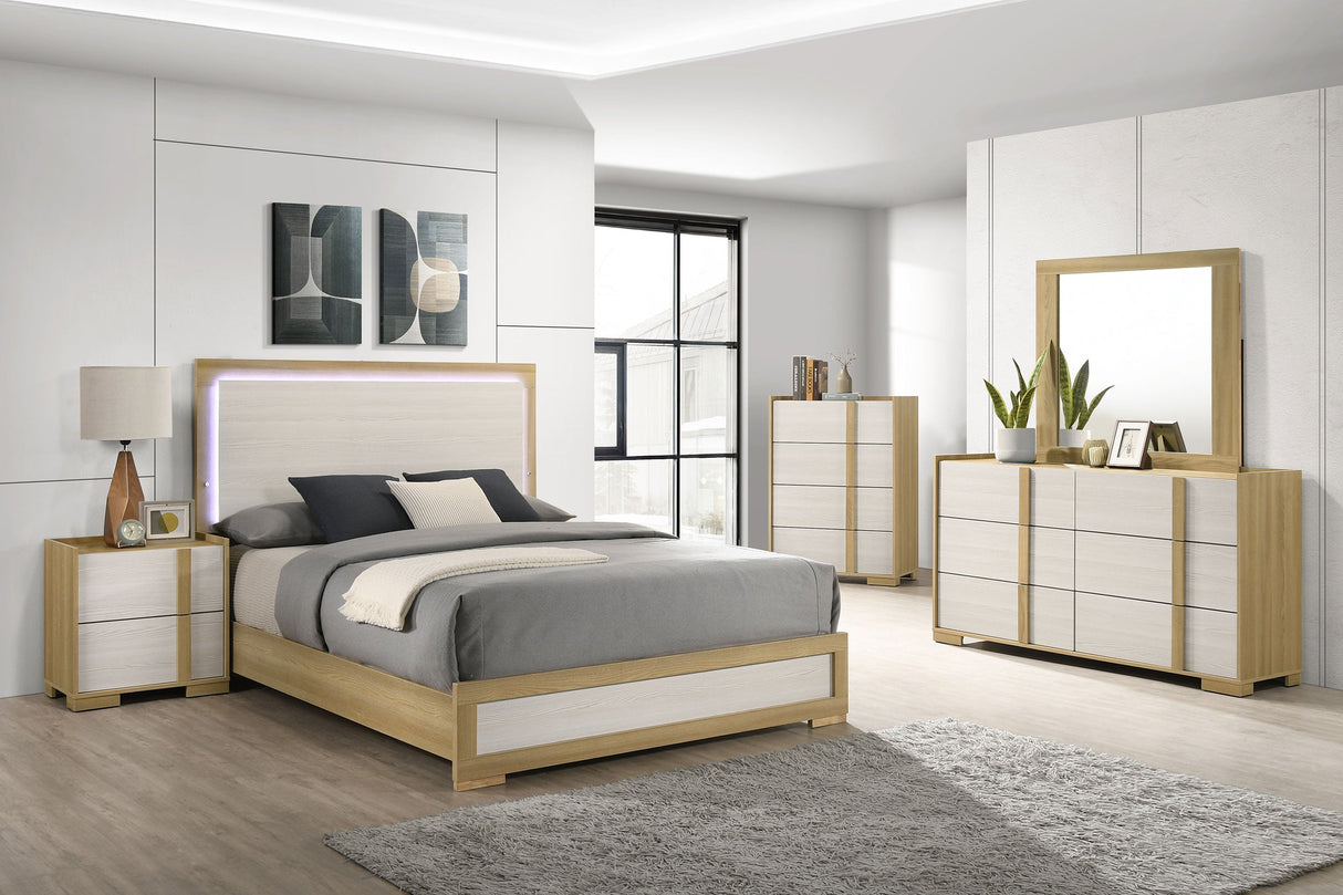 Hyland 5‑Piece Eastern King Bedroom Set in Natural Wood with LED Lighting – Modern Coastal | Coaster Furniture - sold by Home Elegance USA