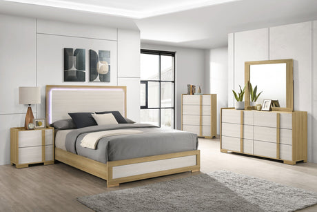 Hyland 5‑Piece Eastern King Bedroom Set in Natural Wood with LED Lighting – Modern Coastal | Coaster Furniture - sold by Home Elegance USA