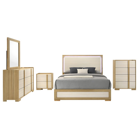 Hyland 5‑Piece Eastern King Bedroom Set in Natural Wood with LED Lighting – Modern Coastal | Coaster Furniture - sold by Home Elegance USA