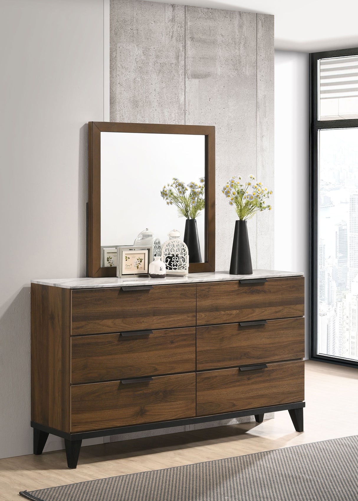 Dresser With Mirror - Mays 6-drawer Dresser with Mirror Walnut Brown with Faux Marble Top