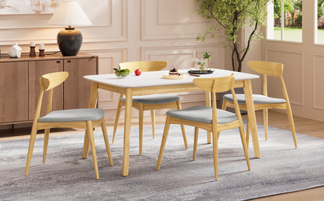 5-Piece Dining Set, 1 Table + 4 Chairs, Rubberwood Frame, Ergonomic Chairs & Faux Wood Table, Beige+Natural+White Oak - sold by Home Elegance USA