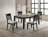 Juego de comedor contemporáneo de 5 piezas con mesa rectangular, base de madera en dos tonos, respaldo de escalera, sillas tapizadas, acabado en gris negro, muebles de comedor de madera