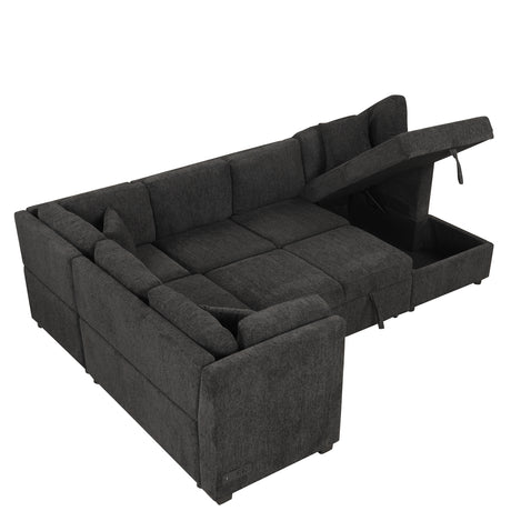 U-shaped Sectional Sofa Pull Out Bed with USB Ports, Power Sockets, Back Pillows & Storage Chaise, Black Chenille, 108.6' - sold by Home Elegance USA