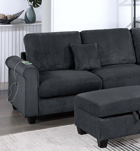 Contemporary Style 3pc Sectional Set Right Arm Chaise Left Arm Sofa w/ USB Port Storage Ottoman Throw Pillow Wooden Legs Black Finish Primary Living Room - sold by Home Elegance USA