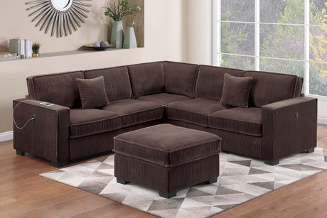Modern Style 4pc Sectional Set Right Arm And Left Arm Loveseat USB Port Plastic Legs Cocktail Ottoman Matching Two Pillows Chocolate Finish Primary Living Room - sold by Home Elegance USA