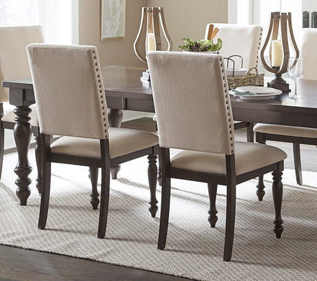 Traditional Brown Finish 7pc Dining Set Table w Leaf and 6x Side Chairs Beige Nailhead Trim Transitional Dining Wooden Furniture - sold by Home Elegance USA