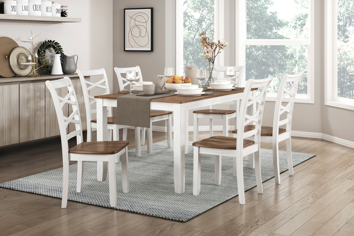 Juego de comedor de 7 piezas con acabado en cerezo y blanco, mesa y 6 sillas laterales, diseño de doble X, muebles de comedor de estilo rústico informal de madera.