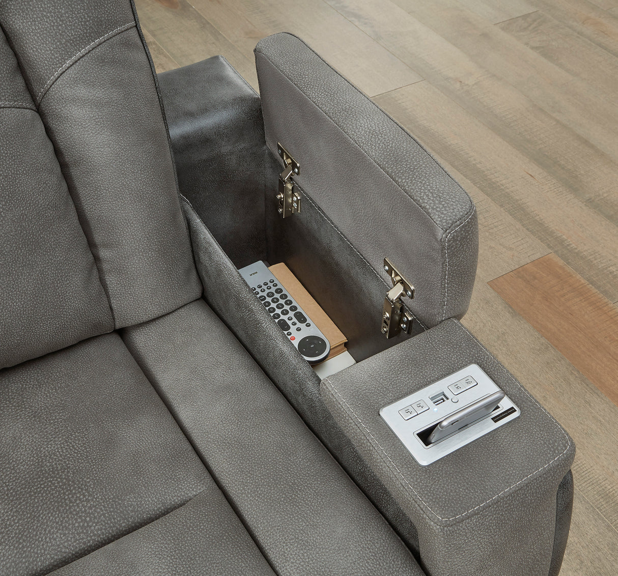 Next-Gen Power Reclining Sofa with Adjustable Headrests in Gray Faux Leather by Ashley