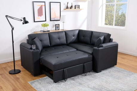 Duilio 84.5'W Black PVC Fabric Sleeper Sectional with USB Charger, Cupholders, Storage Arms - sold by Home Elegance USA