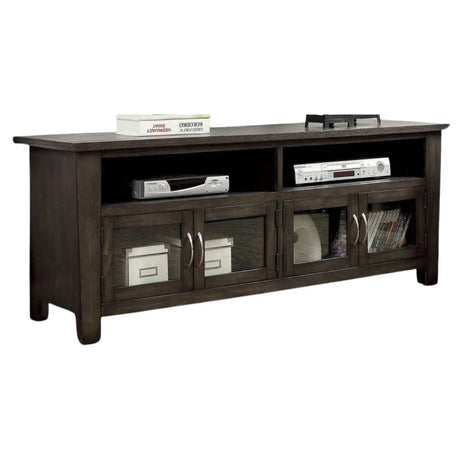 Transitional Style TV Console Base With Dual Cabinet And Two Open Shelves 3mm Tempered Glass On Cabinet Doors Rear Wearing Access Gray Finish - sold by Home Elegance USA