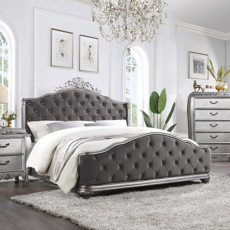 Acme - Leonora CK Bed 22134CK Velvet & Vintage Platinum