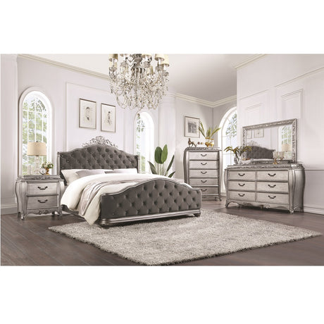 Acme - Leonora EK Bed 22137EK Velvet & Vintage Platinum