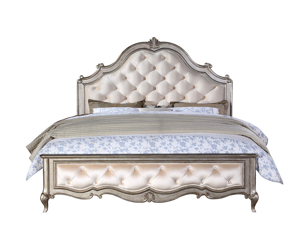 Acme - Esteban CK Bed 22194CK Ivory Velvet & Antique Champagne Finish