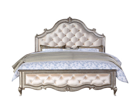 Acme - Esteban CK Bed 22194CK Ivory Velvet & Antique Champagne Finish