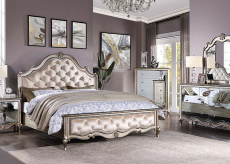 Acme - Esteban CK Bed 22194CK Ivory Velvet & Antique Champagne Finish