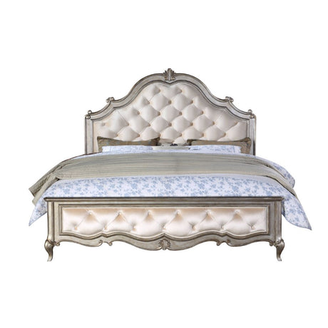 Acme - Esteban Queen Bed 22200Q Ivory Velvet & Antique Champagne Finish