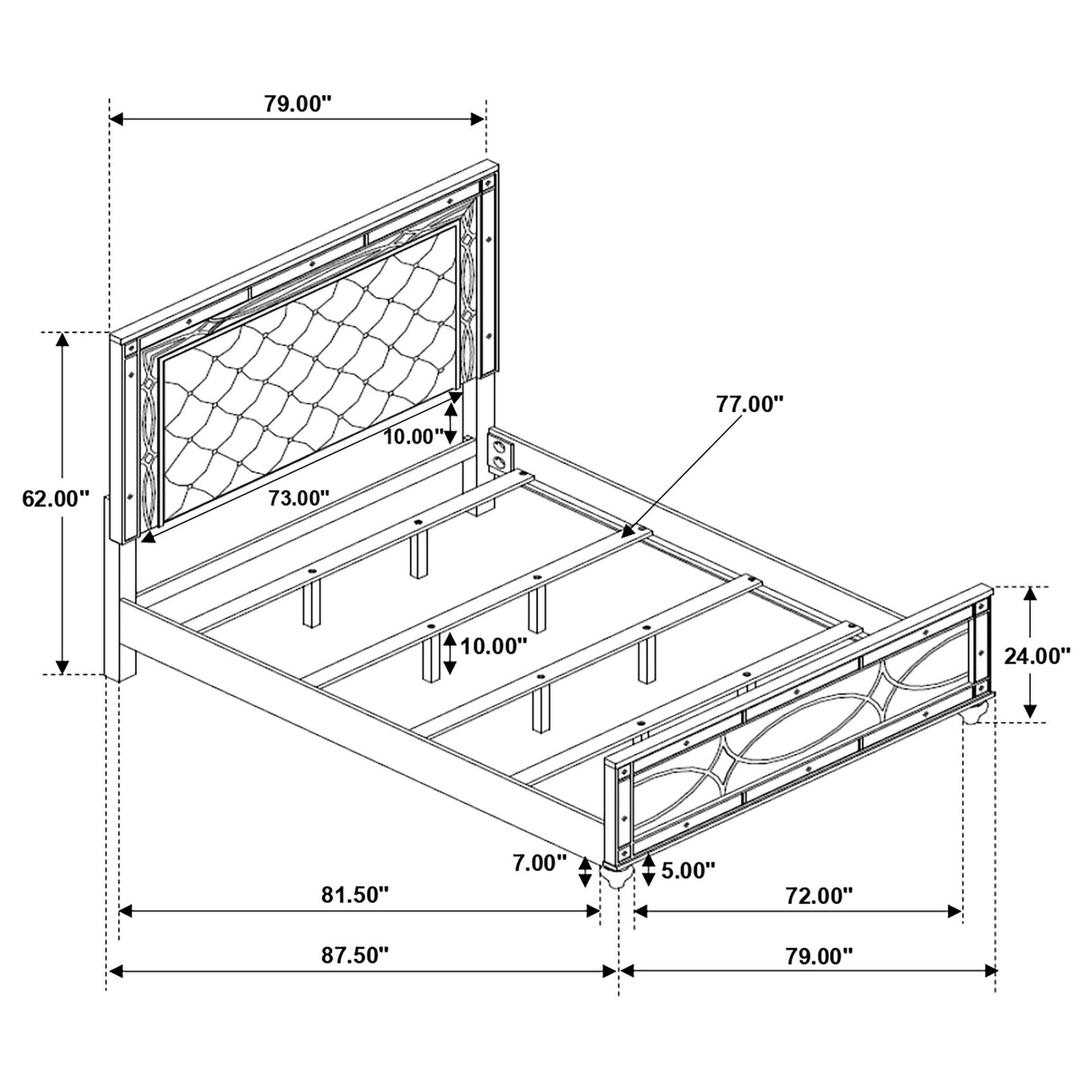 Eastern King Bed  - Gunnison Wood Eastern King LED Panel Bed Silver Metallic