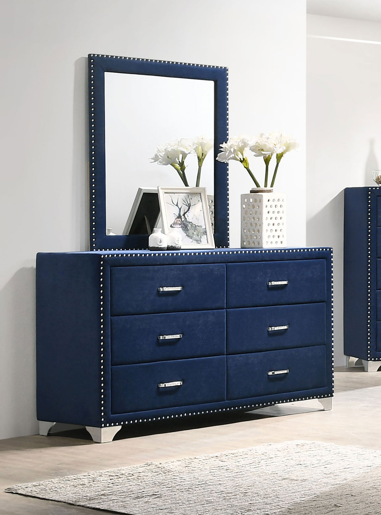 Dresser With Mirror - Melody 6-drawer Upholstered Dresser with Mirror Pacific Blue