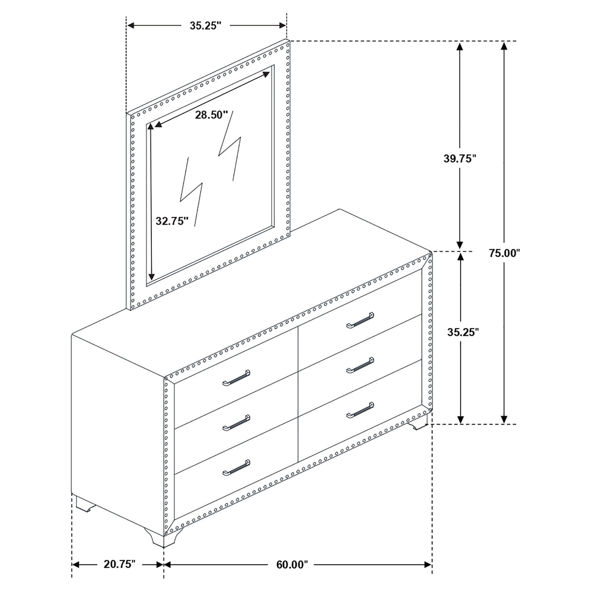 Dresser With Mirror - Melody 6-drawer Upholstered Dresser with Mirror Pacific Blue