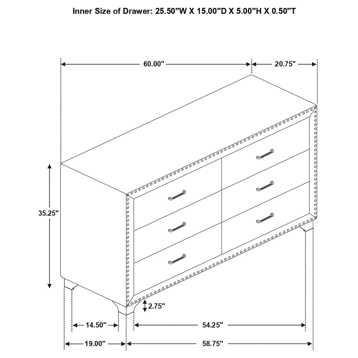 Dresser - Melody 6-drawer Upholstered Dresser Pacific Blue