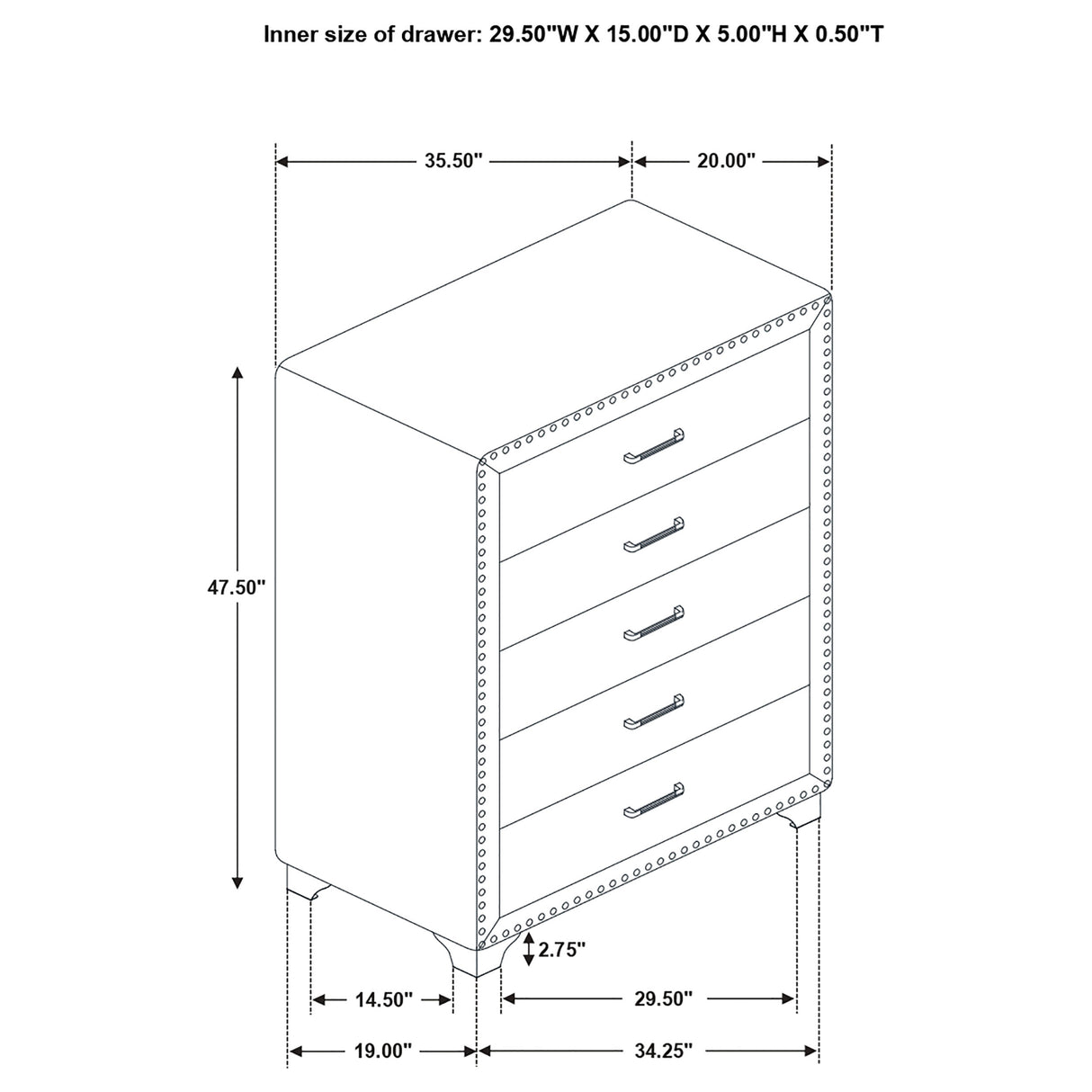 Chest - Melody 5-drawer Upholstered Chest Pacific Blue