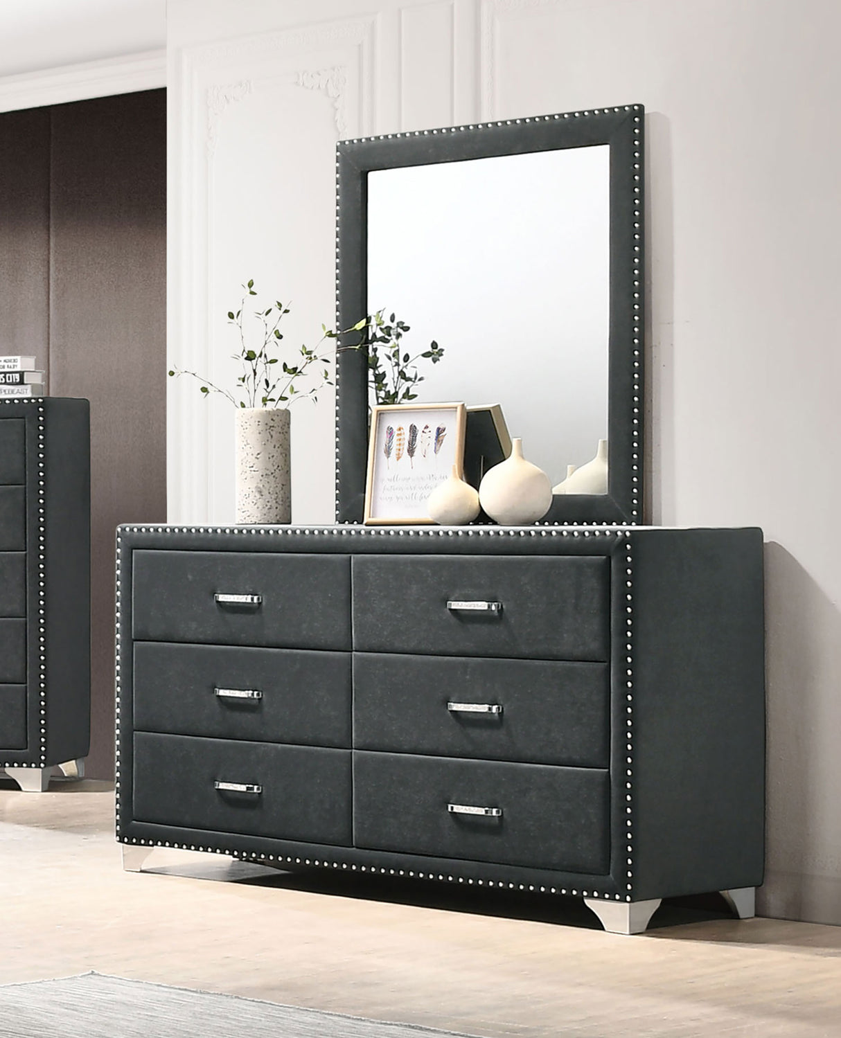 Dresser With Mirror - Melody 6-drawer Upholstered Dresser with Mirror Grey