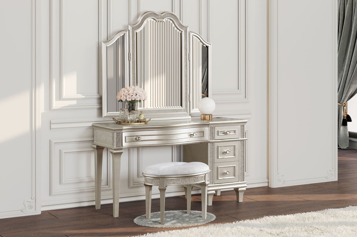 Vanity Set With Stool - Evangeline 3-piece Vanity Table Set with Tri-Fold Mirror and Stool Silver Oak